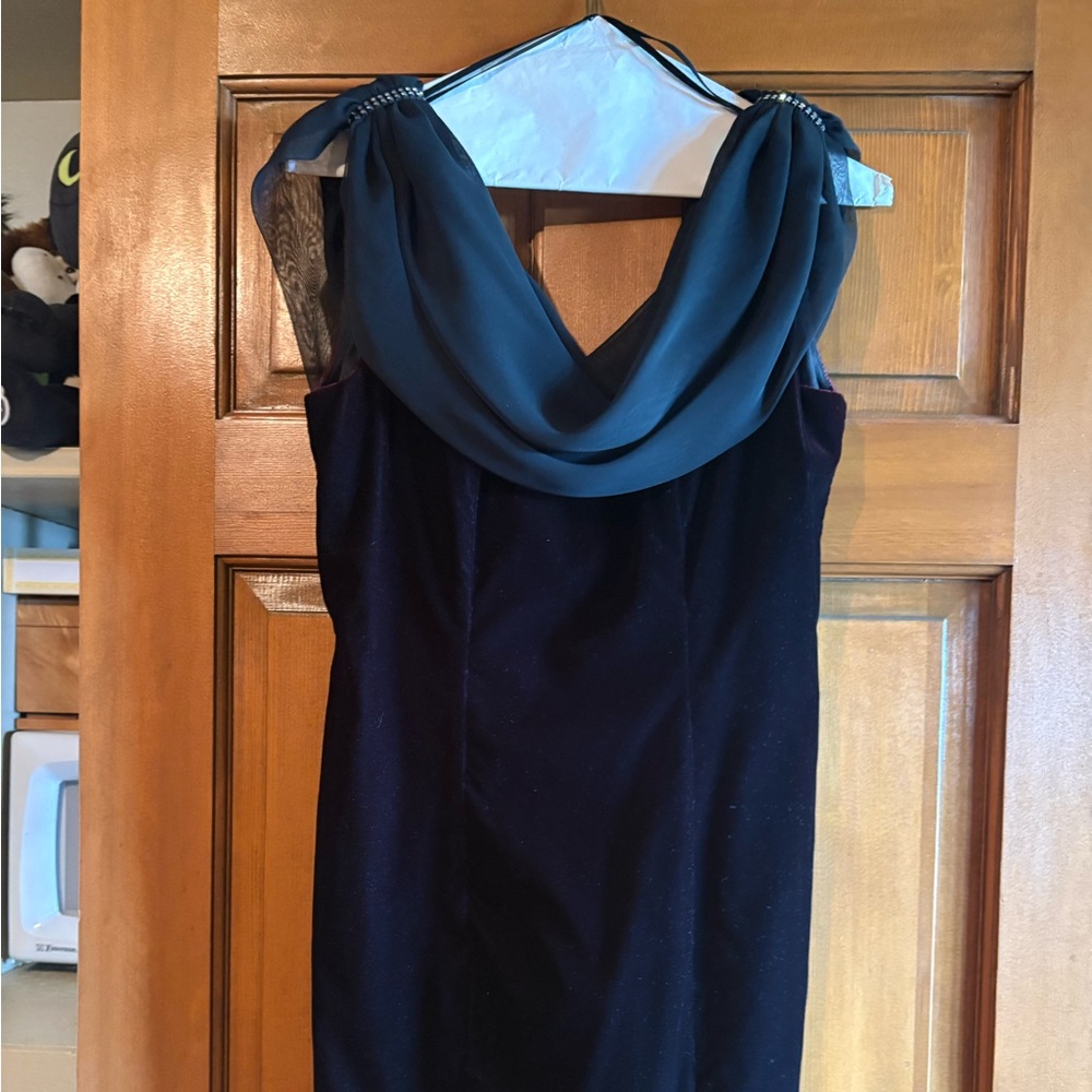 Vintage Black velvet dress with chiffon accent neckline and rhinestones